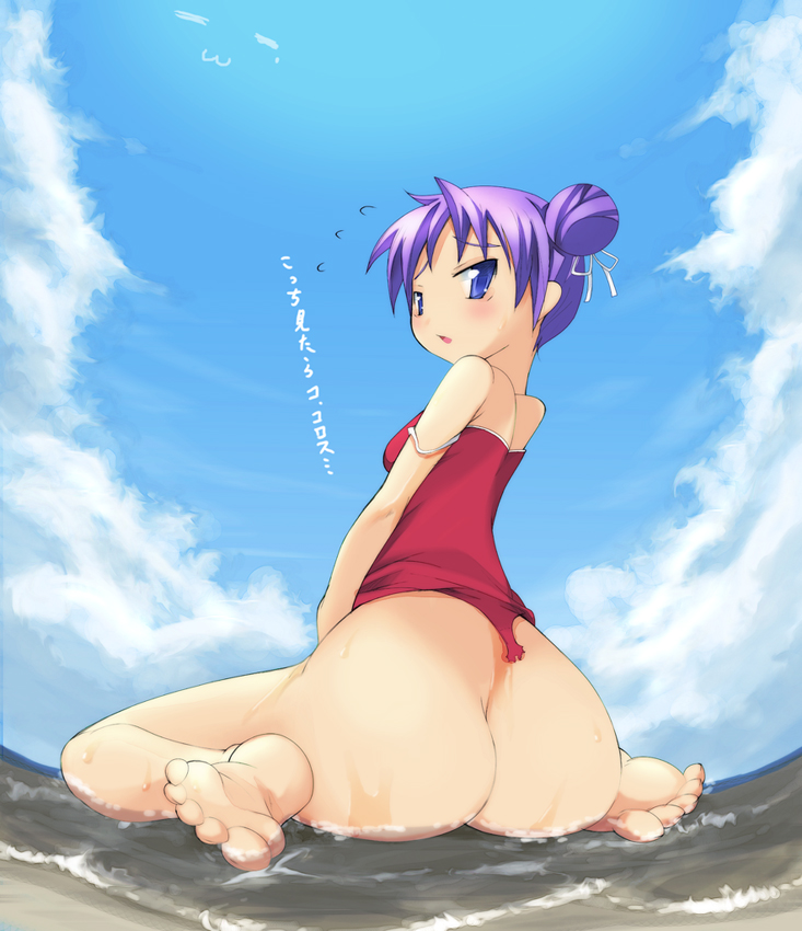 imazon, hiiragi kagami, lucky star, translation request, 00s, 1girl, alternate hairstyle, ass, barefoot, blue eyes, blush, bottomless, braid, camisole, cloud, day, feet, female focus, one-piece swimsuit, purple hair, sky, soles, solo, swimsuit, toes, wardrobe malfunction, water