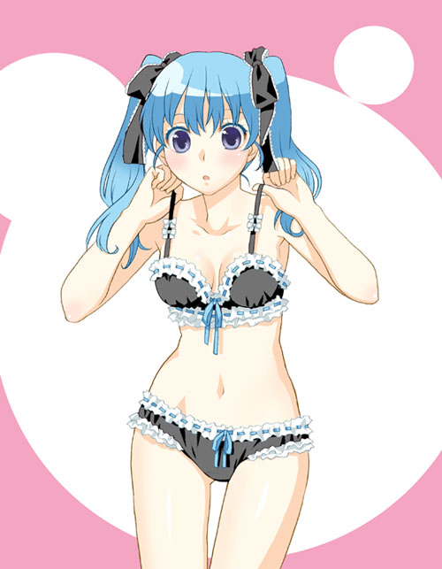 mattaku mousuke, original, 1girl, blue hair, bra, cowboy shot, female focus, lingerie, panties, purple hair, solo, twintails, underwear, underwear only