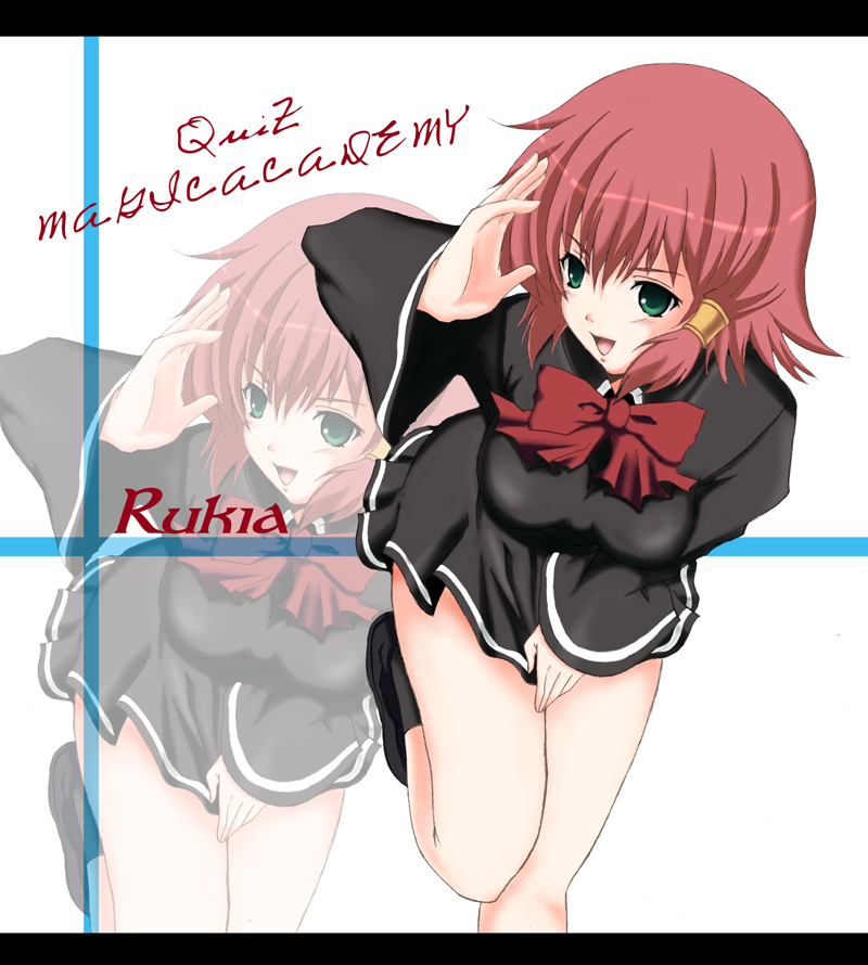 yotsuha (little squash), ruquia, quiz magic academy, bad id, bad pixiv id, 1girl, covering crotch, covering privates, female focus, green eyes, miniskirt, red hair, short hair, skirt, solo, zoom layer