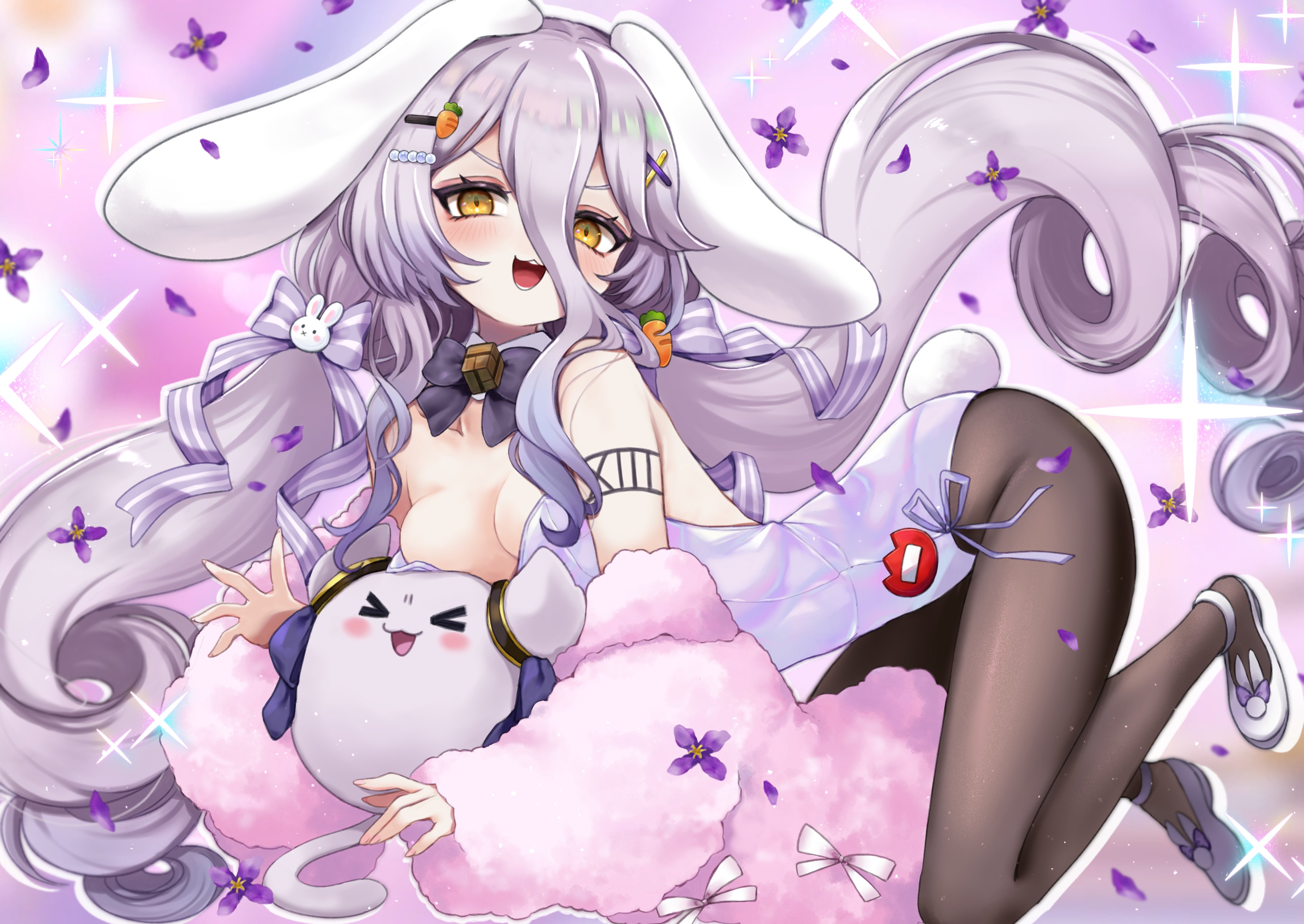 rabio (labi555), henya the genius, henya the genius (bunniversary), indie virtual youtuber, absurdres, highres, 1girl, animal ears, black pantyhose, blush, breasts, carrot hair ornament, cleavage, collar, detached collar, food-themed hair ornament, hair ornament, hairpin, hen squad (henya the genius), leotard, long hair, looking at viewer, medium breasts, open mouth, pantyhose, purple hair, rabbit ears, rabbit girl, rabbit tail, roman numeral, shoes, shoulder tattoo, smile, solo, tail, tattoo, twintails, very long hair, virtual youtuber, white collar, white leotard, white shoes, x hair ornament, yellow eyes