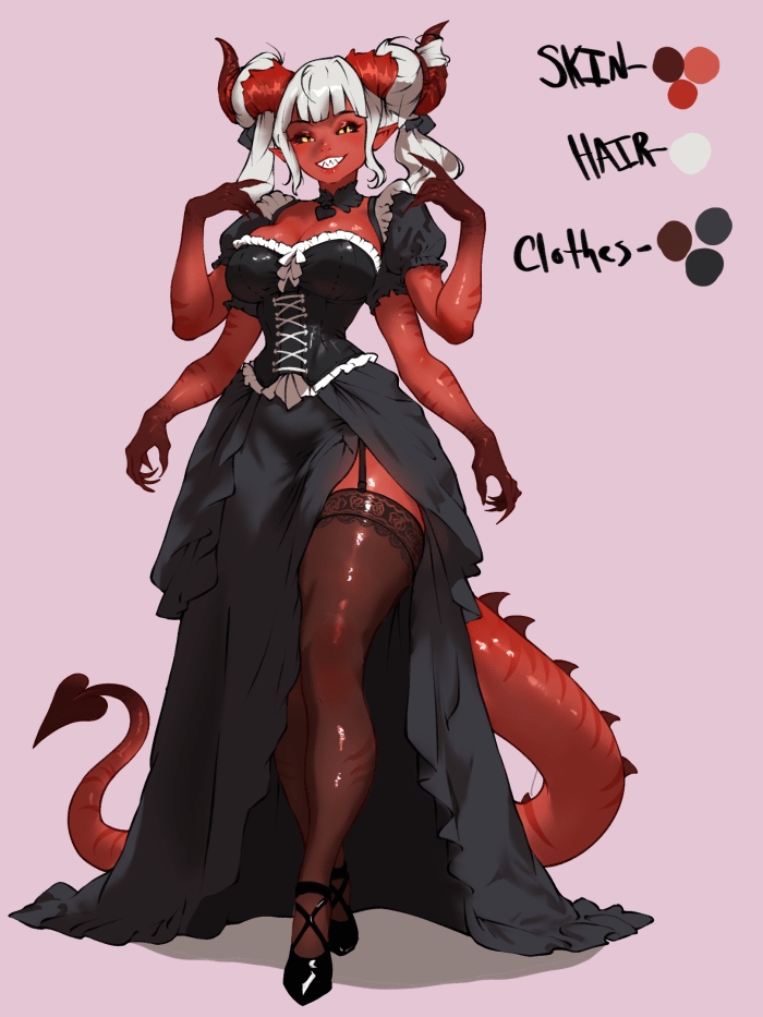 original, 1girl, black dress, black sclera, black shoes, black thighhighs, breasts, cleavage, color guide, colored sclera, demon girl, demon horns, demon tail, double bun, dress, extra arms, eyebrows hidden by hair, frilled dress, frills, full body, grin, hair bun, heart, heart tail, horns, large breasts, large tail, lipstick, looking at viewer, makeup, medium hair, open mouth, pointy ears, purple background, shadow, sharp teeth, shoes, simple background, skywatcher887, smile, solo, tail, teeth, thighhighs, white hair, yellow eyes