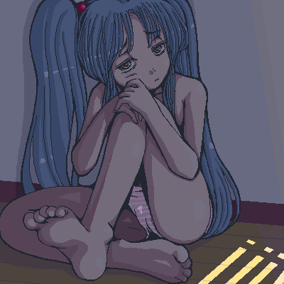ebi tendon, hoshino ruri, kidou senkan nadesico, lowres, barefoot, feet, oekaki, panties, solo, striped clothes, striped panties, underwear