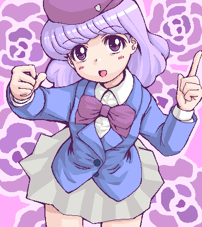 ebi tendon, sannomiya shiho, zettai karen children, lowres, 00s, 1girl, :d, blazer, blush, blush stickers, bow, female focus, floral background, hat, index finger raised, jacket, looking up, open mouth, purple eyes, purple hair, short hair, skirt, smile, solo