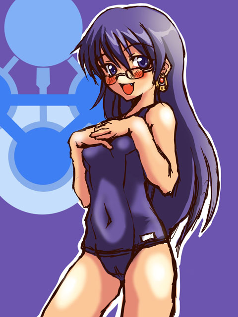 nasuka, nogami aoi, zettai karen children, bad id, bad pixiv id, 00s, 1girl, blue eyes, blue hair, blush, cameltoe, earrings, fang, female focus, glasses, jewelry, long hair, matching hair/eyes, one-piece swimsuit, purple one-piece swimsuit, purple school swimsuit, school swimsuit, solo, swimsuit, very long hair