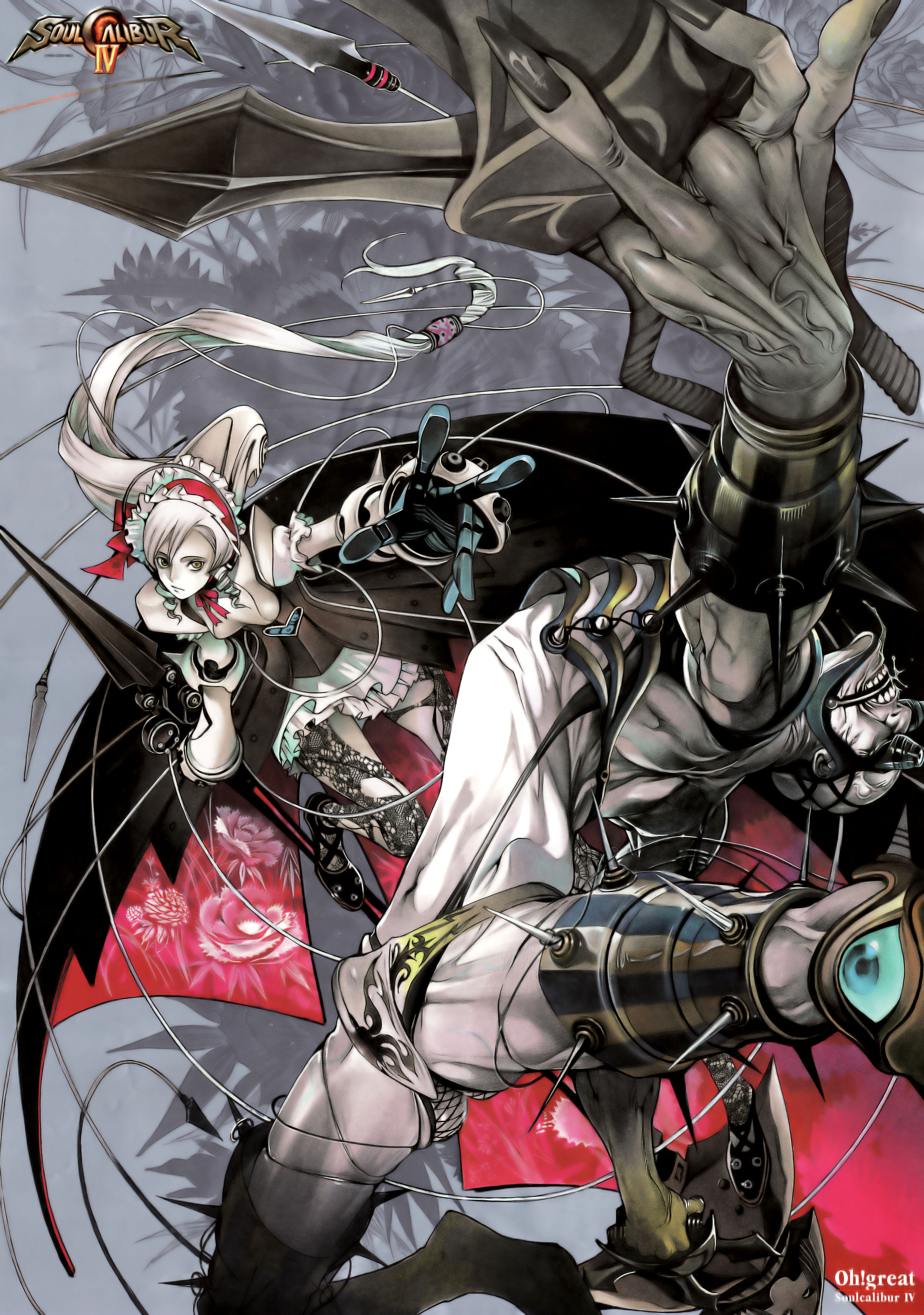 oogure ito, ashlotte maedel, voldo, soul calibur, soulcalibur, soulcalibur iv, absurdres, highres, non-web source, 1boy, 1girl, dagger, dress, drill hair, goth fashion, gothic lolita, iron maiden, katar, knife, legs, lolita fashion, long hair, machine, pale skin, polearm, push dagger, spikes, weapon, yellow eyes