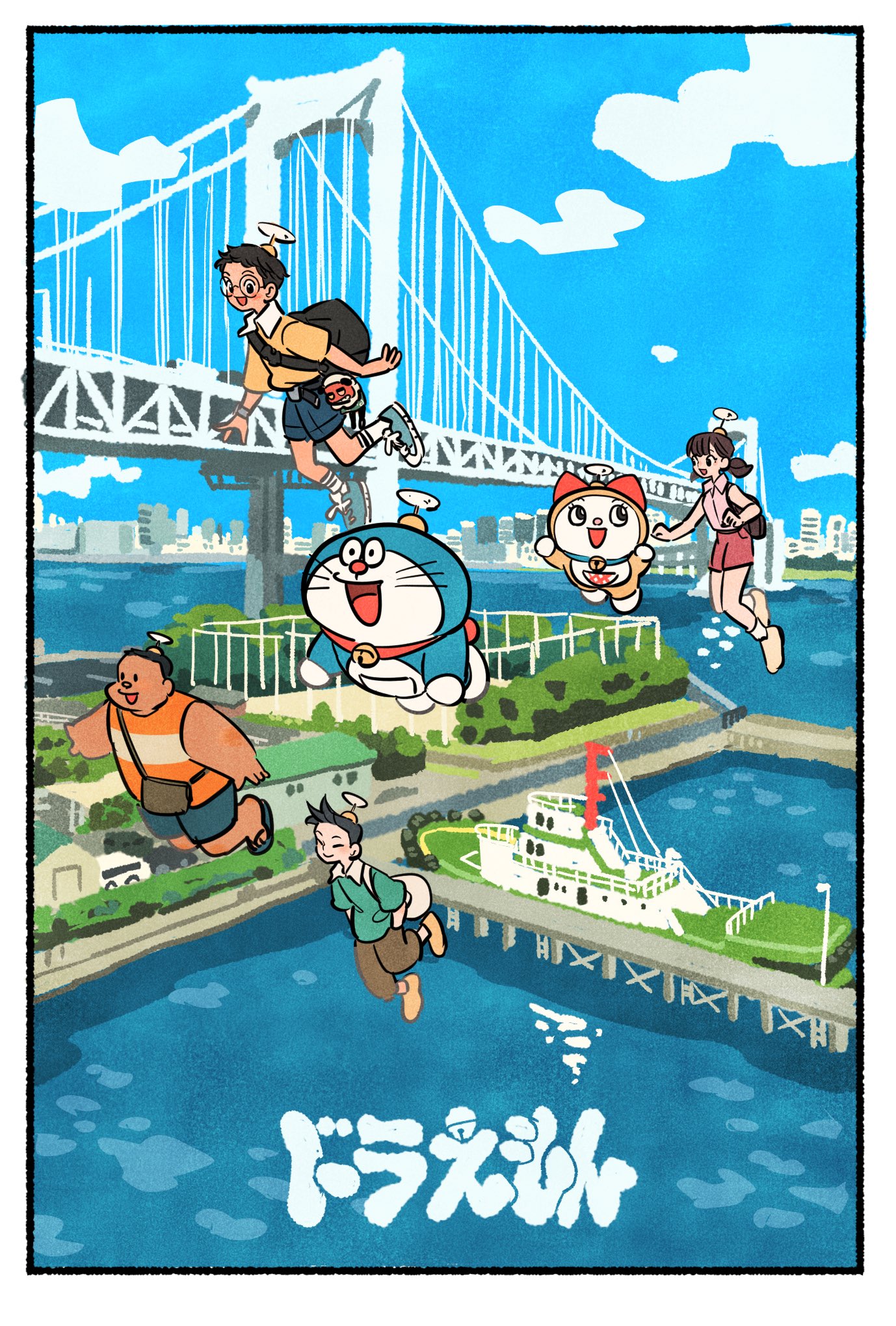 takeuchi ryousuke, doraemon (character), dorami, gouda takeshi, honekawa suneo, minamoto shizuka, nobi nobita, doraemon, highres, 1girl, 3boys, bag, black hair, blue shorts, bridge, brown hair, closed eyes, collared shirt, creature, fat, flying, glasses, green shirt, low twintails, multiple boys, orange tank top, pink shirt, propeller hat, red shoes, round eyewear, ship, shirt, shoes, short hair, shorts, shoulder bag, sneakers, suspension bridge, tan, tank top, twintails, watercraft, yellow shirt