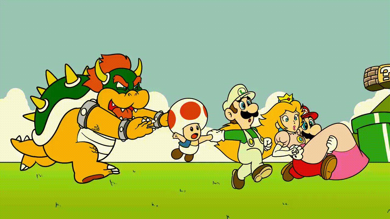 bowser, luigi, mario, princess peach, toad (mario), mario (series), nintendo, super mario bros. 1, animated, animated gif, ? block, blonde hair, blue shirt, blue sky, brick block, brown hair, brown shoes, carrying, carrying person, chasing, crown, dress, en20silva, facial hair, fangs, grass, green shirt, hat, holding hands, horns, industrial pipe, mountain, mushroom on head, mustache, orange hair, overalls, pink dress, princess, red hat, red overalls, running, shell, shirt, shoes, size difference, sky, spikes, turtle, white hat, white overalls