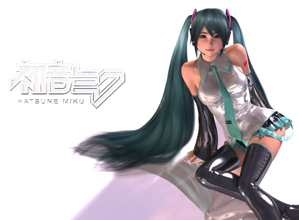 hinemaru, hatsune miku, vocaloid, bad id, bad pixiv id, 1girl, 3d, breasts, brown eyes, detached sleeves, female focus, green hair, large breasts, long hair, microphone, necktie, solo, thighhighs, twintails, very long hair