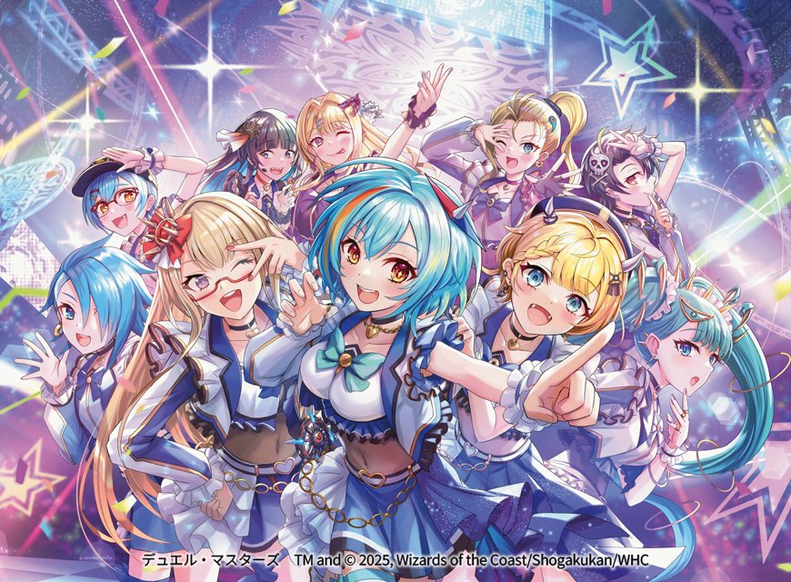 hokuyuu, duel masters, official art, 2025, 6+girls, aqua eyes, aqua hair, arm up, baseball cap, black choker, black hair, blonde hair, blue eyes, blue hair, bow, bowtie, braid, braided bangs, breasts, busujima tokumi, choker, claw pose, closed mouth, concert, confetti, copyright notice, covered navel, earrings, fang, frilled wristband, glasses, hair ornament, hair over one eye, hat, high ponytail, hori chiemi, idol clothes, ishizawa hako, jewelry, kago nozomi, kajiwara guriko, kondou michi, long hair, medium hair, multicolored hair, multiple girls, nagarekawa sou, one eye closed, open mouth, orange eyes, orange hair, pointing, ponytail, purple eyes, sakai taru, salute, short hair, skull hair ornament, sparkle, stage lights, teeth, tongue, tongue out, twintails, uki yukie, upper teeth only, v, v over eye, very long hair, yomesawa akane