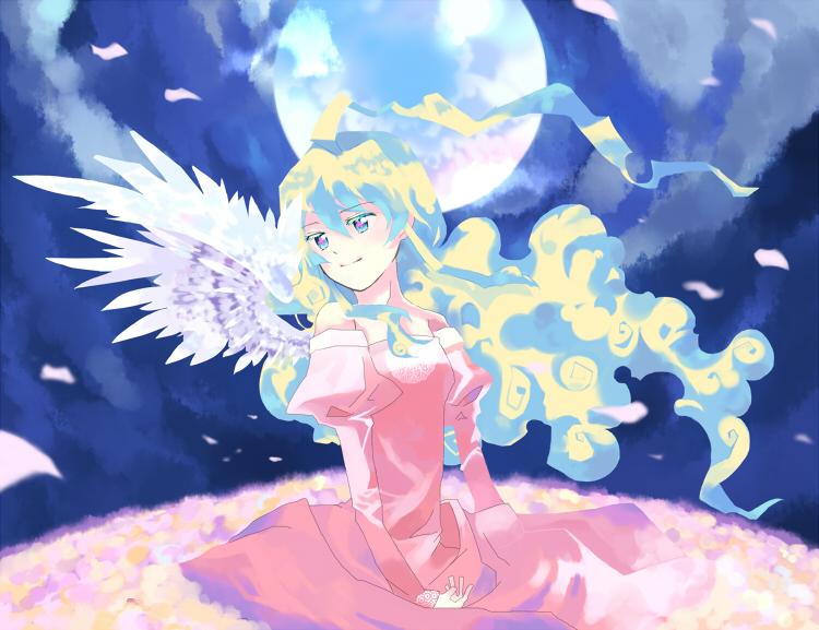 hatano (tamago ha), nia teppelin, tengen toppa gurren lagann, bad id, bad pixiv id, 00s, 1girl, female focus, full moon, long hair, moon, smile, solo, wings