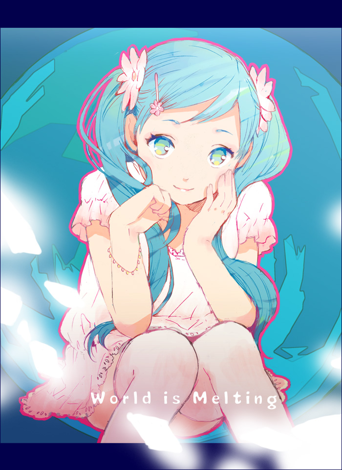 wakana (nagomoo), hatsune miku, melt (vocaloid), vocaloid, bad id, bad pixiv id, 1girl, blue eyes, blue hair, female focus, flower, matching hair/eyes, pink thighhighs, solo, thighhighs, zettai ryouiki