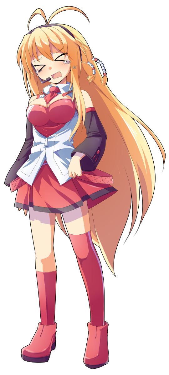 dairi, tsurumaki maki, voiceroid, commentary request, highres, large variant set, variant set, > <, 1girl, ankle boots, antenna hair, bare shoulders, black sleeves, blonde hair, blush, boots, bow, bowtie, breasts, cleavage, cleavage cutout, clothing cutout, collared shirt, detached sleeves, facing viewer, hair between eyes, hand on own hip, headset, impossible clothes, impossible shirt, kneehighs, layered shirt, long hair, long sleeves, medium breasts, miniskirt, open mouth, red boots, red bow, red bowtie, red shirt, red skirt, red socks, red thighhighs, shirt, single sock, single thighhigh, skirt, skirt set, socks, solo, tachi-e, tearing up, thighhighs, very long hair, white shirt, wing collar
