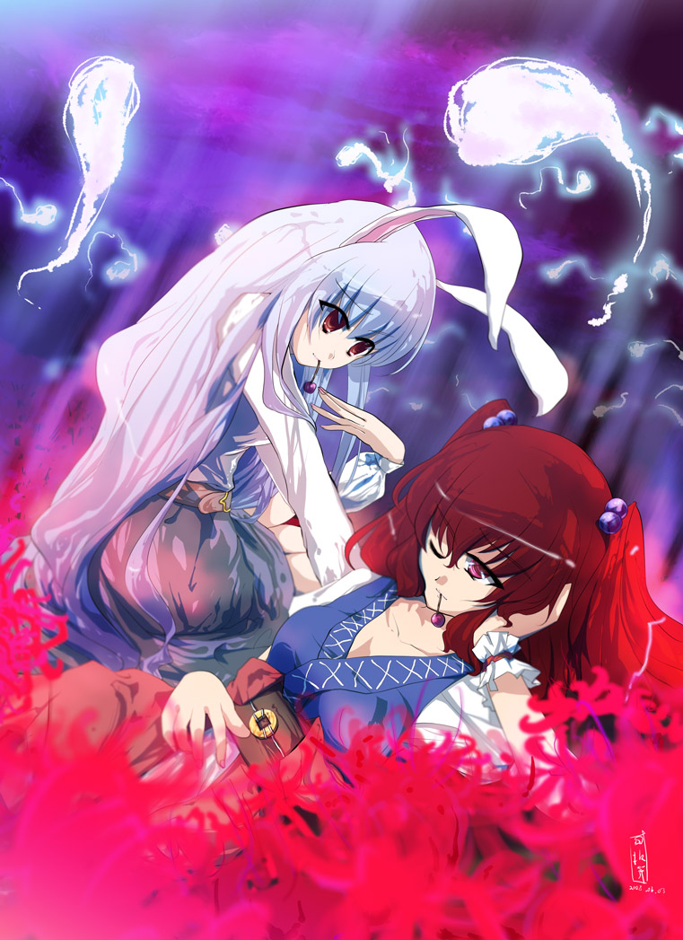 howard (pixiv), nichimatsu seri, onozuka komachi, reisen udongein inaba, touhou, bad id, bad pixiv id, 2girls, animal ears, female focus, flower, ghost, hair bobbles, hair ornament, long hair, multiple girls, rabbit ears, red flower, red hair, short hair, spider lily