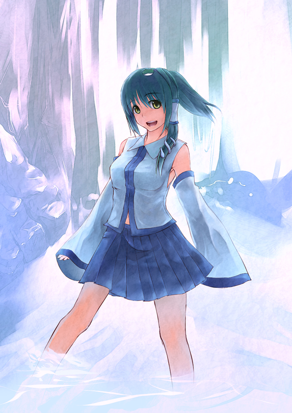 akino komichi, kochiya sanae, touhou, bad id, bad pixiv id, 1girl, female focus, green hair, japanese clothes, miko, ribbon, short hair, solo, water