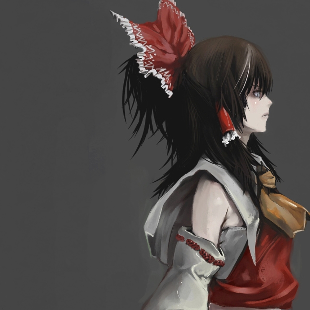 iridori, hakurei reimu, touhou, 1girl, female focus, japanese clothes, miko, pale skin, ribbon, simple background, solo, upper body