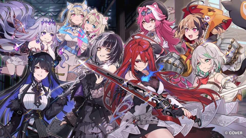 pota (bluegutty), cecilia immergreen, cecilia immergreen (1st costume), elizabeth rose bloodflame, elizabeth rose bloodflame (1st costume), fuwawa abyssgard, fuwawa abyssgard (1st costume), gigi murin, gigi murin (1st costume), koseki bijou, koseki bijou (1st costume), mococo abyssgard, mococo abyssgard (1st costume), nerissa ravencroft, nerissa ravencroft (1st costume), raora panthera, raora panthera (1st costume), shiori novella, shiori novella (1st costume), holoadvent, holojustice, hololive, hololive english, commentary, english commentary, official art, 6+girls, ahoge, animal ear fluff, animal ears, asymmetrical horns, black hair, blonde hair, blue eyes, blue fire, blue hair, breasts, colored inner hair, demon horns, dog ears, dog girl, fire, hair ornament, horns, huge ahoge, large breasts, long hair, looking at viewer, mole, mole under eye, multicolored hair, multiple girls, pink hair, red eyes, red hair, siblings, sisters, streaked hair, twins, two-tone hair, uneven horns, very long hair, virtual youtuber, x hair ornament