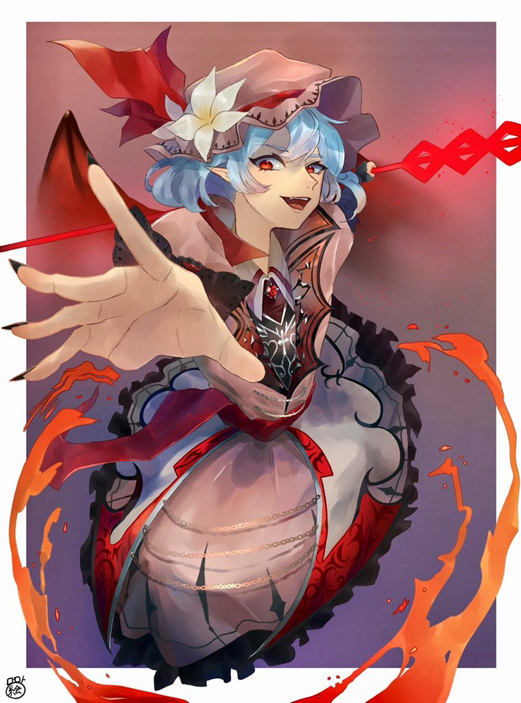 under etchan, remilia scarlet, touhou, 1girl, arm up, bat wings, black shirt, collared shirt, dress, fang, fingernails, frilled dress, frilled hat, frills, hair between eyes, hair ribbon, hat, holding, holding polearm, holding weapon, looking at viewer, mob cap, nail polish, open mouth, pink dress, pink hat, pointy ears, polearm, purple hair, reaching, reaching towards viewer, red eyes, red hat, red nails, red ribbon, red sash, ribbon, sash, sharp fingernails, shirt, short hair, smile, solo, spear the gungnir, weapon, wings