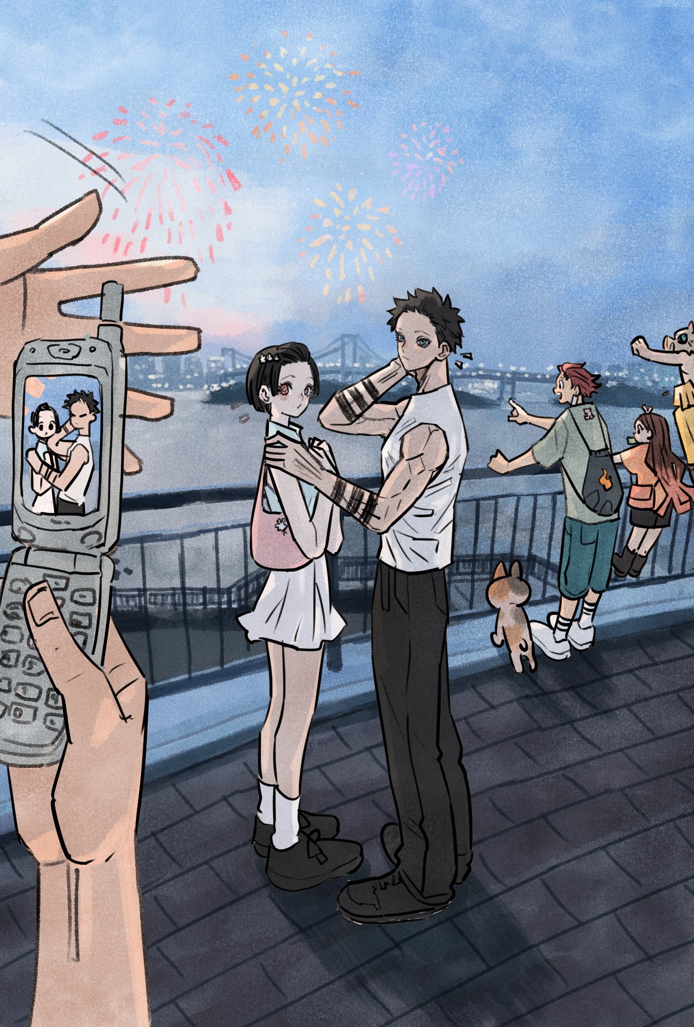 takeuchi ryousuke, hakuji (kimetsu no yaiba), hashibira inosuke, kamado nezuko, kamado tanjirou, koyuki (kimetsu no yaiba), kimetsu no yaiba, highres, 2girls, 3boys, bag, black hair, black pants, blue pants, brick road, brother and sister, cellphone, colored tips, couple, dress, fireworks, flip phone, hand on another's shoulder, hetero, holding, holding phone, multicolored hair, multiple boys, multiple girls, orange shirt, pants, phone, pink background, pink hair, pointing, railing, red hair, shirt, shoulder bag, siblings, taking picture, tank top, white dress, white tank top