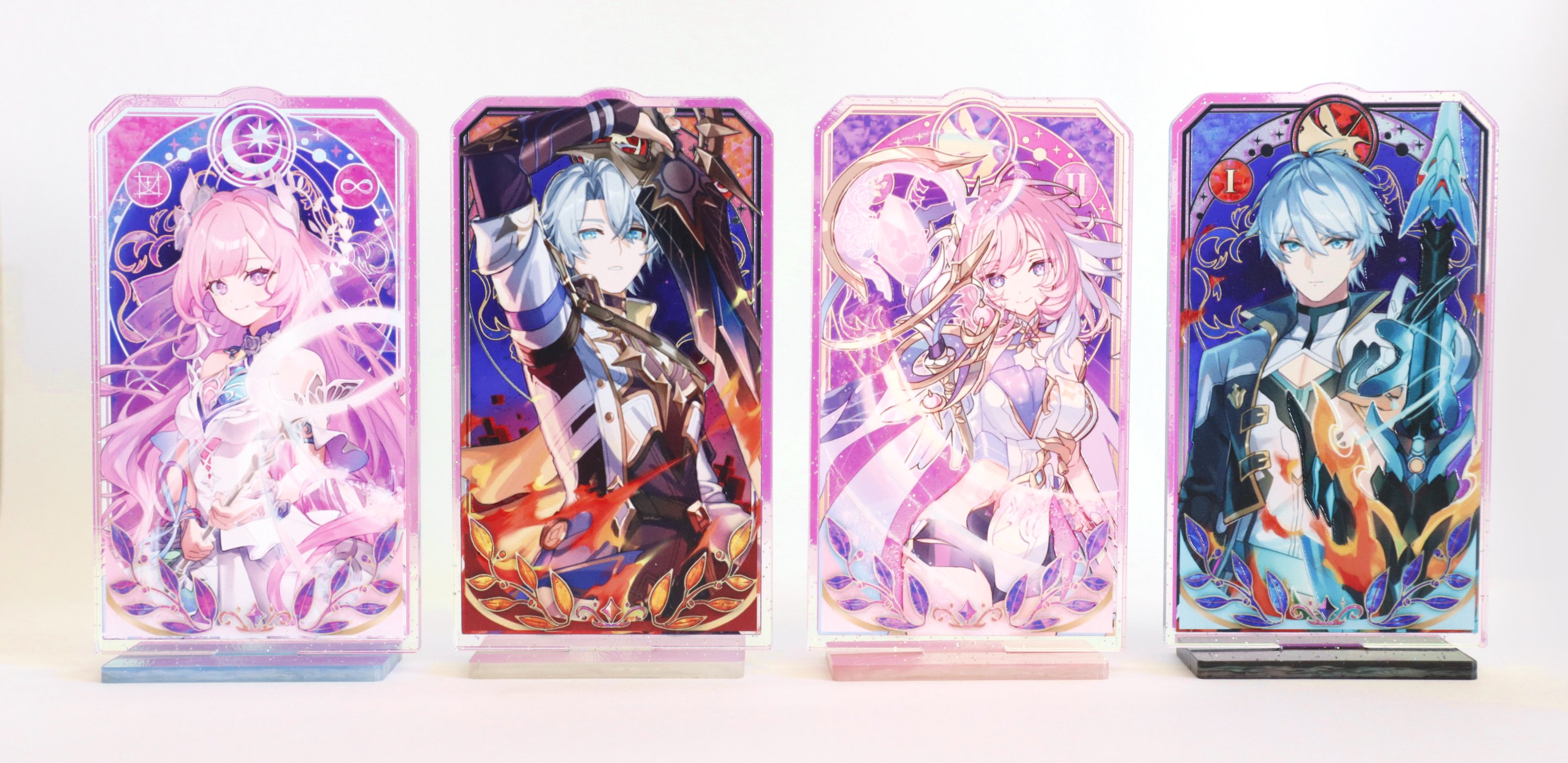 karame rise, papipiko, roena, cyrene (honkai: star rail), cyrene (ripples of past reverie) (honkai: star rail), elysia (herrscher of human: ego) (honkai impact), elysia (honkai impact), hino satoshi, inoue marina, kevin kaslana, phainon (honkai: star rail), honkai: star rail, honkai (series), honkai impact 3rd, artist collaboration, commentary request, highres, merchandise available, photo (medium), 2boys, 2girls, arm up, bare shoulders, blue eyes, breasts, closed mouth, dress, grey hair, hair between eyes, holding, holding staff, holding sword, holding weapon, in-franchise crossover, leotard, long hair, look-alike, looking at viewer, medium breasts, multiple boys, multiple girls, pink eyes, pink hair, purple shorts, roman numeral, short shorts, shorts, smile, staff, sword, trait connection, voice actor connection, weapon, white dress, white leotard, yanning