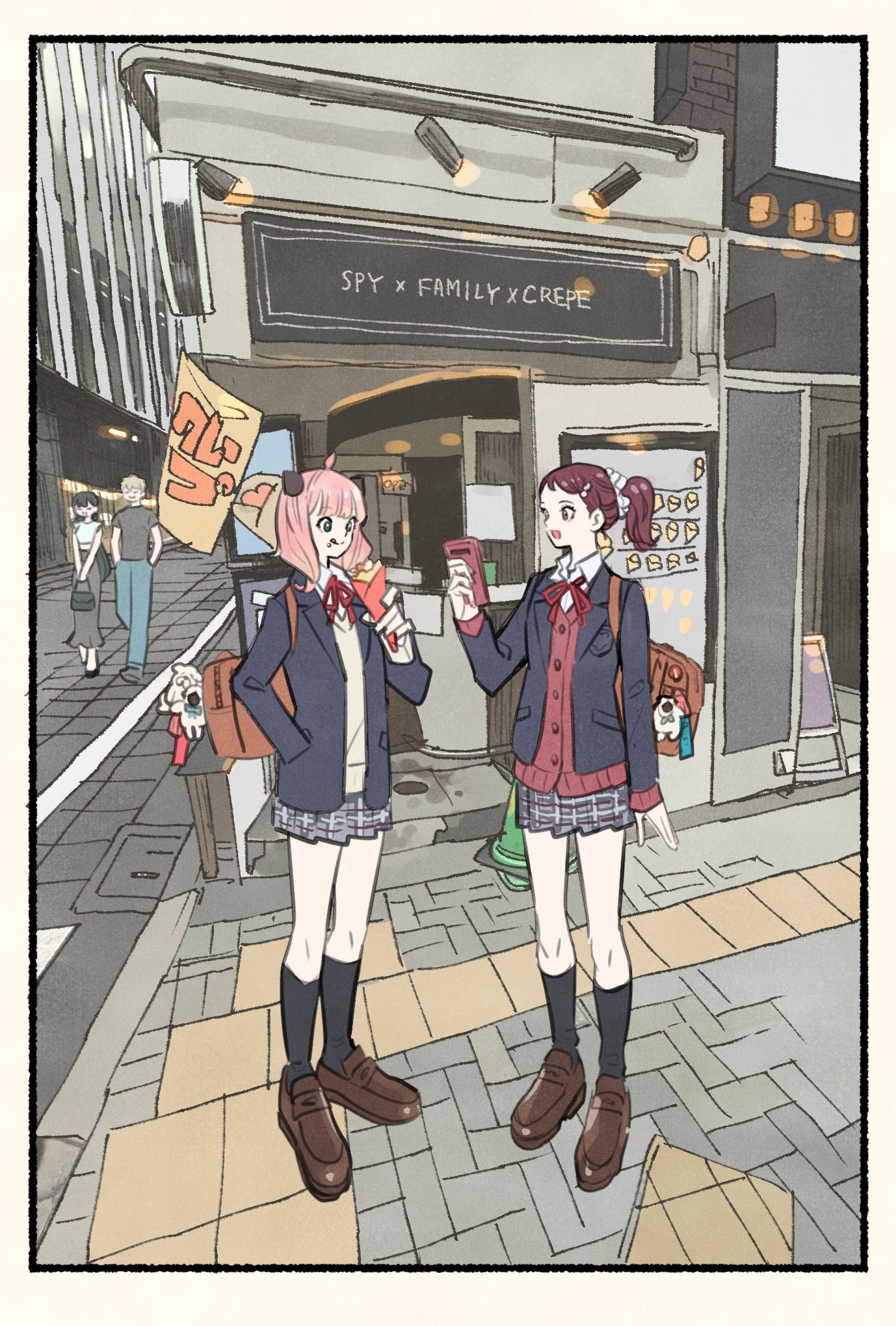takeuchi ryousuke, anya (spy x family), becky blackbell, bond (spy x family), twilight (spy x family), yor briar, spy x family, highres, 1boy, 3boys, aged up, ahoge, bag, black hair, black jacket, black socks, blonde hair, blue pants, brown hair, brown shoes, cardigan, cobblestone, collared shirt, crepe, food, food on face, full body, grey skirt, hair ornament, hairclip, hairpods, hand in pocket, holding, holding crepe, holding food, holding phone, jacket, loafers, long skirt, medium hair, multiple boys, neck ribbon, open mouth, pants, phone, pink hair, plaid clothes, plaid skirt, pleated skirt, ponytail, red cardigan, red ribbon, ribbon, school uniform, shirt, shoes, shoulder bag, skirt, socks, standing, storefront, suit jacket, v arms, walking, white shirt