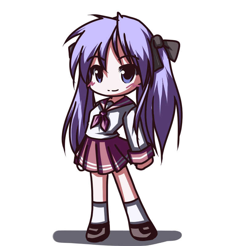 fictional sister, hiiragi kagami, lucky star, jpeg artifacts, 00s, 1girl, black ribbon, blue eyes, blush, blush stickers, closed mouth, female focus, full body, hair ribbon, kneehighs, light smile, loafers, long hair, long sleeves, looking at viewer, miniskirt, neckerchief, pink hair, pink neckerchief, pleated skirt, purple hair, red skirt, ribbon, sailor collar, school uniform, serafuku, shirt, shoes, simple background, skirt, smile, socks, solo, standing, twintails, very long hair, white background, white shirt, white socks