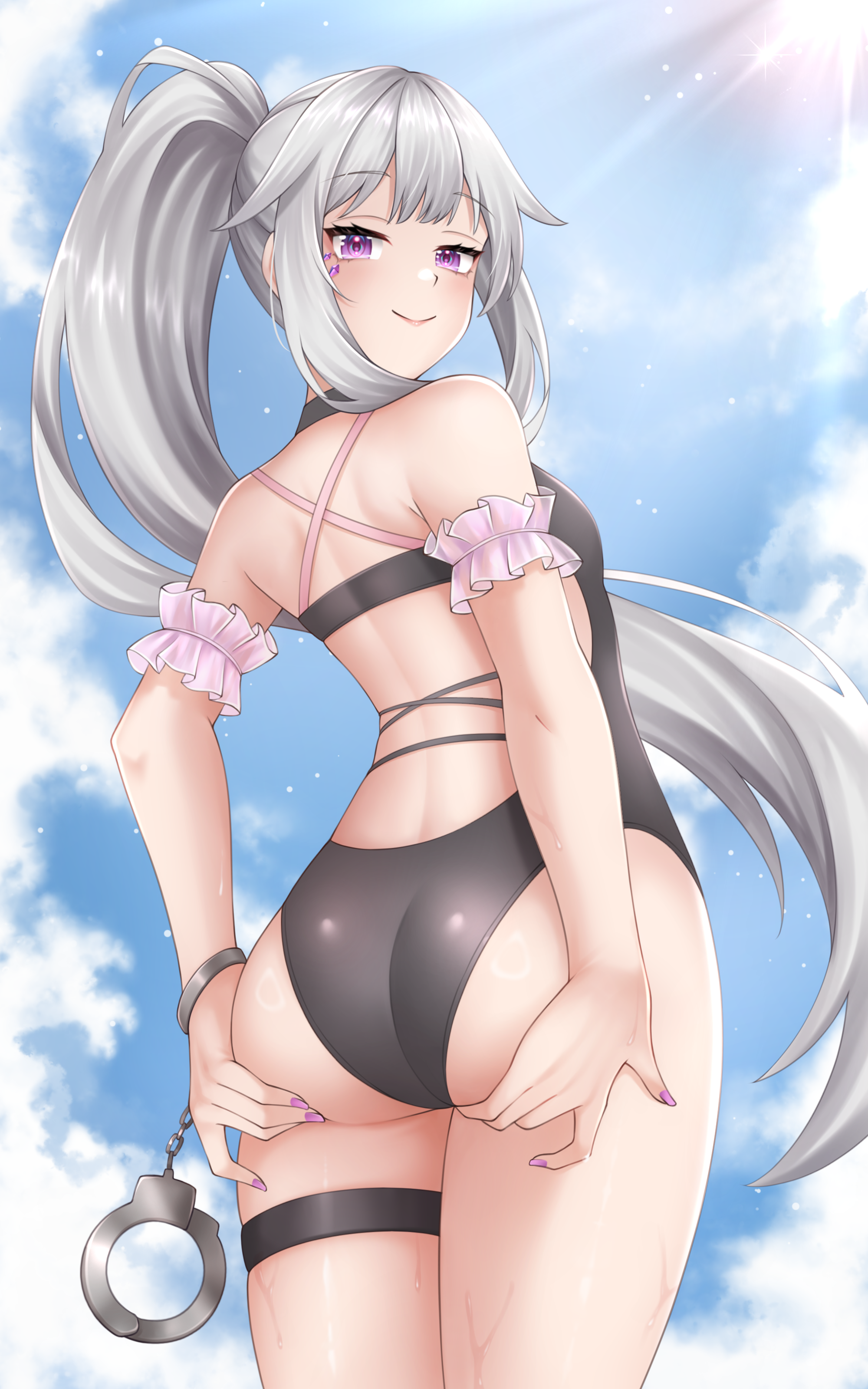 popcornflakes, koseki bijou, koseki bijou (holonatsu paradise), hololive, hololive english, absurdres, commentary request, highres, 1girl, ass, black one-piece swimsuit, blue sky, breasts, closed mouth, cloud, cuffs, grey hair, hair flaps, handcuffs, hands on own ass, jewel under eye, long hair, looking at viewer, nail polish, official alternate costume, one-piece swimsuit, outdoors, purple eyes, purple nails, sidelocks, sky, small breasts, solo, swimsuit, thigh strap, very long hair, virtual youtuber