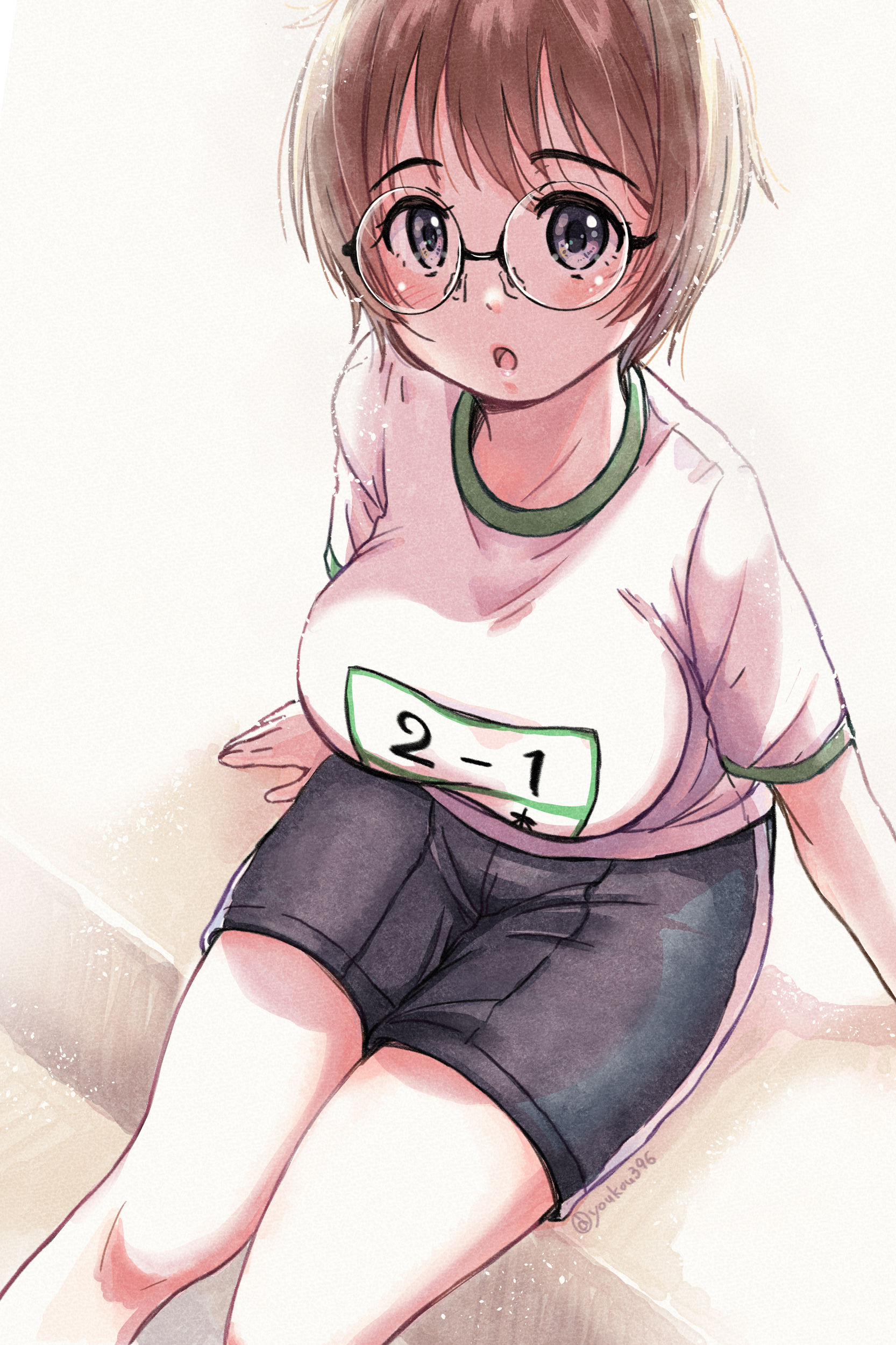 ooshiro youkou, original, absurdres, commentary request, highres, 1girl, :o, arm support, black shorts, blush, breasts, brown hair, glasses, grey eyes, gym uniform, large breasts, looking at viewer, open mouth, round eyewear, shirt, short hair, short sleeves, shorts, sitting, solo, white shirt