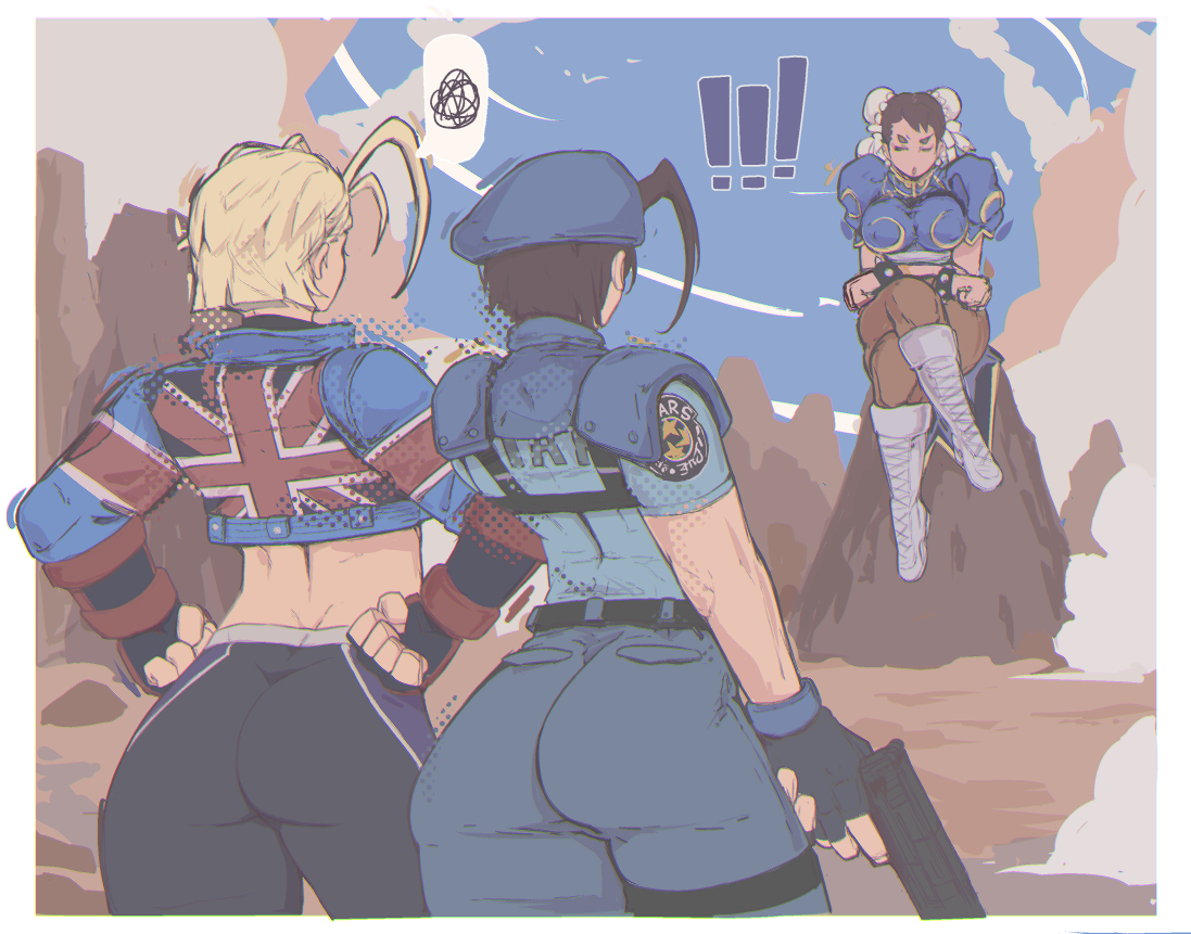 7 passes, michel teru, cammy white, chun-li, jill valentine, capcom, resident evil, street fighter, street fighter 6, ass, blonde hair, breasts, brown hair, crossover, huge ass, large breasts, pants, short hair