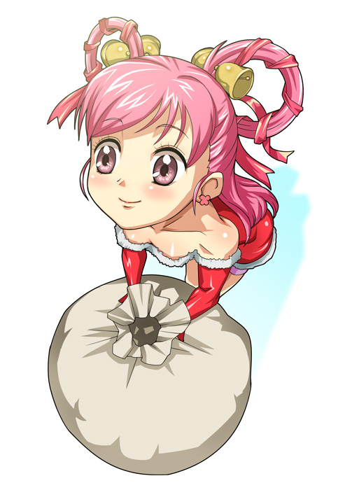 baanin, cure dream, yumehara nozomi, precure, yes! precure 5, 00s, 1girl, bare shoulders, bell, bent over, blush, christmas, dress, earrings, elbow gloves, female focus, flat chest, foreshortening, frilled thigh strap, from above, fur trim, gloves, hair ornament, hair ribbon, hair rings, jewelry, long hair, looking up, magical girl, pink eyes, pink hair, ribbon, sack, santa costume, short dress, smile, solo, standing, strapless, strapless dress, thigh strap, twintails