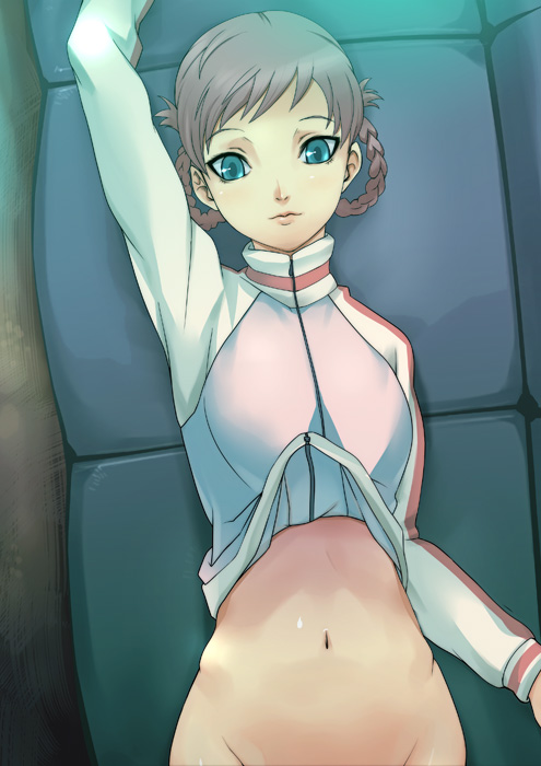 baanin, kayano megumi, atlus, persona, persona trinity soul, 00s, 1girl, blue eyes, bottomless, braid, brown hair, couch, female focus, jacket, lying, no panties, out-of-frame censoring, raglan sleeves, solo, twin braids
