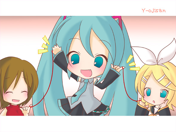 y ojisan, hatsune miku, kagamine rin, meiko (vocaloid), iosys, oyome ni shinasai, vocaloid, 3girls, :d, aqua hair, blush, chibi, fang, iosys parody, multiple girls, open mouth, parody, smile, string, string of fate, twintails