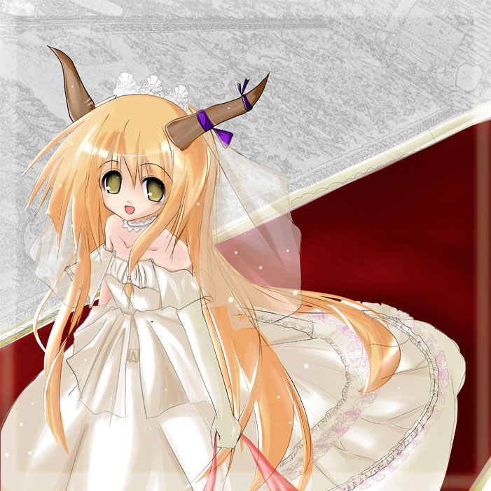 kiki (koikuchikinako), kiki (pixiv), ibuki suika, touhou, 1girl, bride, dress, female focus, horns, solo, wedding dress