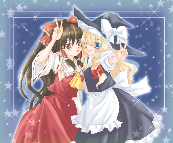 saya (chocolate capsule), hakurei reimu, kirisame marisa, touhou, bad id, bad pixiv id, 2girls, female focus, hat, multiple girls, witch, witch hat