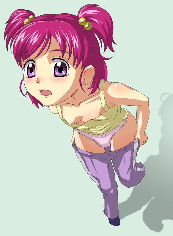 baanin, yumehara nozomi, precure, yes! precure 5, 00s, 1girl, :o, blush, body blush, bow, bow panties, camisole, clothes pull, downblouse, dressing, embarrassed, eyelashes, female focus, flat chest, from above, full body, hair bobbles, hair ornament, lace, lace-trimmed panties, lace trim, leg up, looking up, nipple slip, nipples, no bra, open mouth, panties, pants, pants pull, pink hair, pink panties, pulling own clothes, purple eyes, shadow, short hair, short twintails, single vertical stripe, socks, solo, standing, standing on one leg, surprised, tears, twintails, two side up, underwear