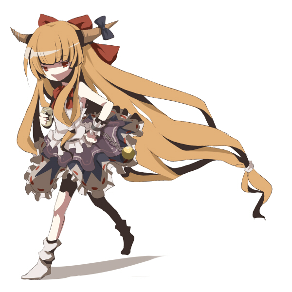 tetsuo (tashirosu), ibuki suika, touhou, bad id, bad pixiv id, 1girl, female focus, horns, ribbon, simple background, solo, white background