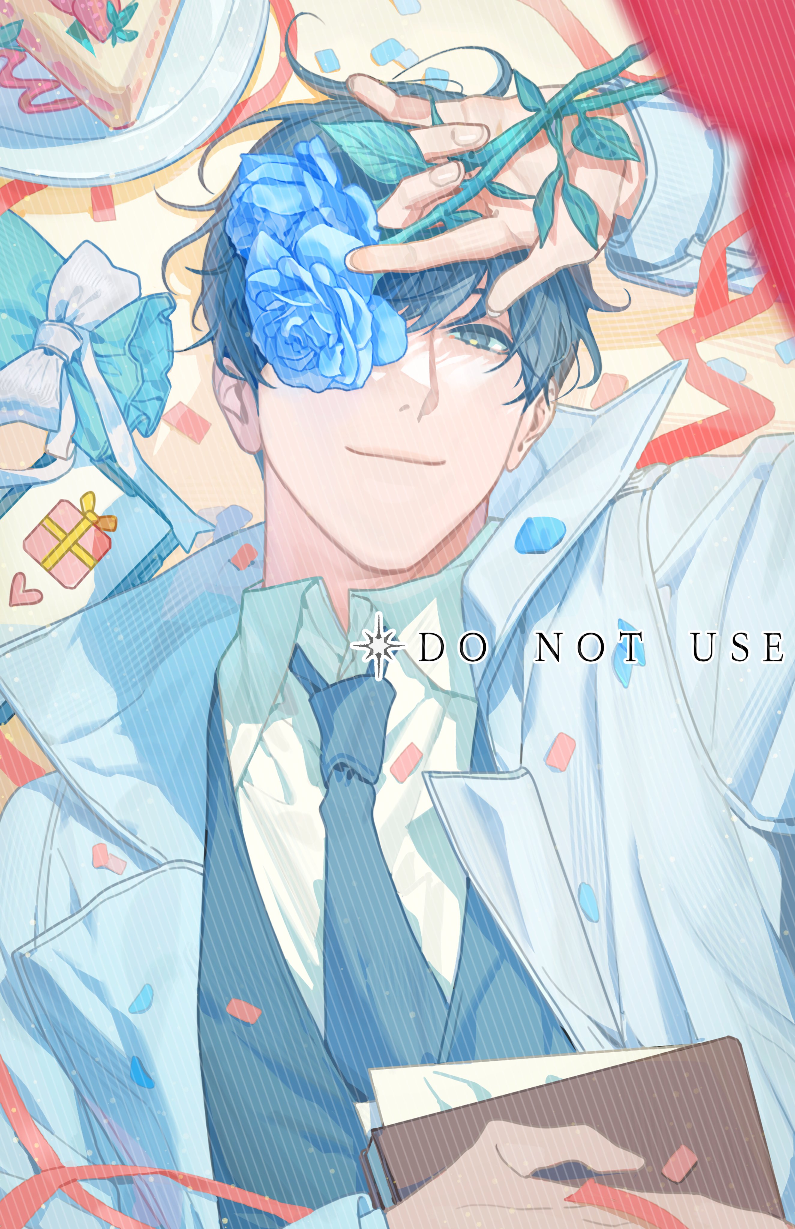 bab du 666, kim dokja, omniscient reader's viewpoint, absurdres, highres, 1boy, bag, balloon, black eyes, black hair, black necktie, black vest, blue flower, blue rose, book, cake, coat, collared shirt, confetti, covering one eye, flower, food, hand on own foot, hand on own stomach, hand up, holding, holding flower, looking at viewer, lying, male focus, necktie, on back, on floor, one eye covered, open clothes, open coat, paper, plate, popped collar, ribbon, rose, shirt, short hair, smile, solo, strawberry shortcake, streamers, vest, white coat, white shirt