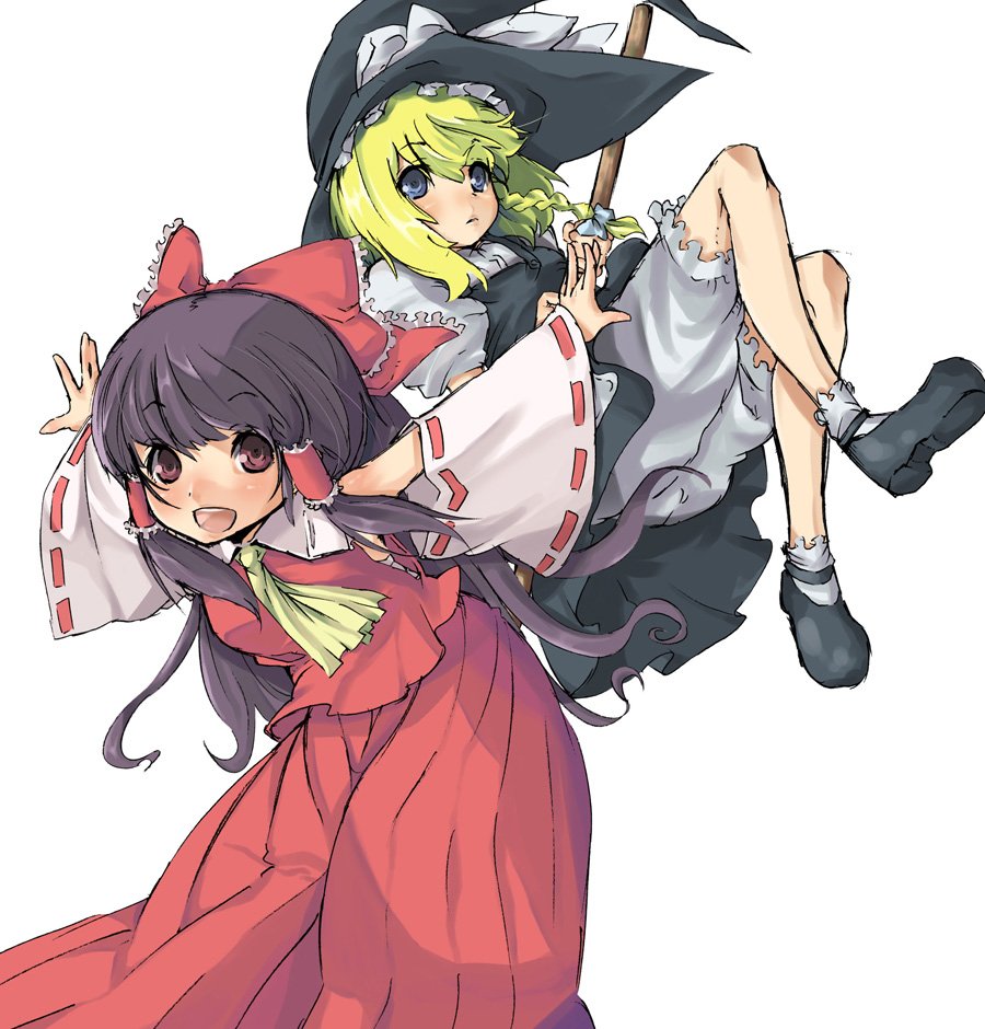 abara heiki, hakurei reimu, kirisame marisa, touhou, bad id, bad pixiv id, 2girls, black hair, blonde hair, bloomers, detached sleeves, female focus, hat, japanese clothes, miko, multiple girls, underwear, witch, witch hat