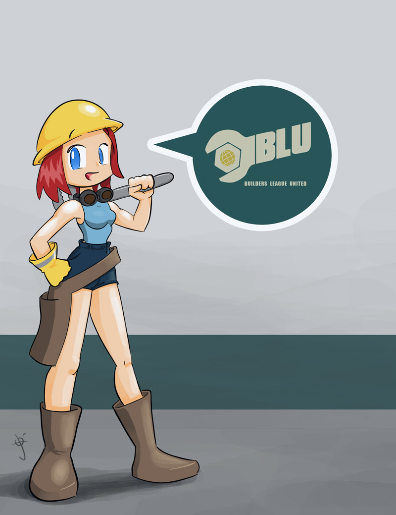 josue pereira, team fortress 2, tf2, boots, engineer, genderswap, gloves, goggles, helmet, red hair, short hair, shorts, sleeveless, sleeveless turtleneck, turtleneck, wrench