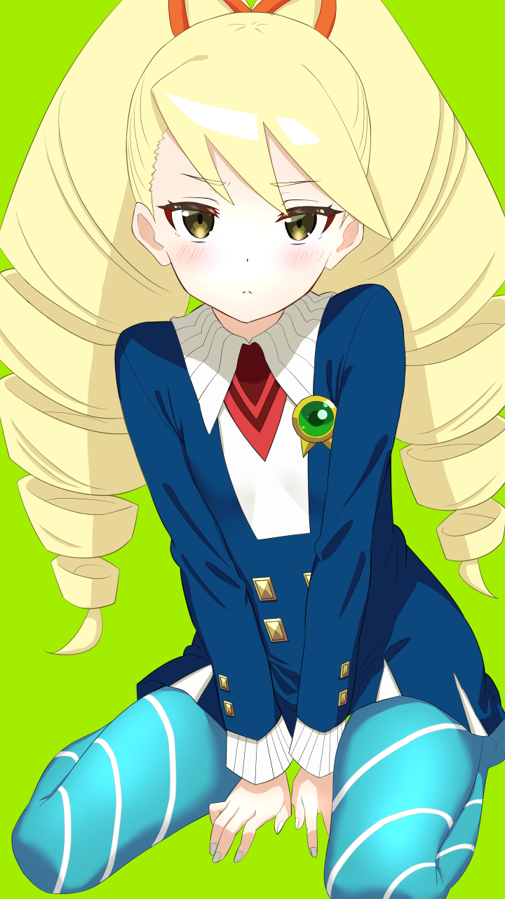jufukudo, luna platz (mega man), mega man (series), mega man star force (series), highres, 1girl, blue dress, blue pantyhose, blush, brown eyes, closed mouth, dress, drill hair, green background, long hair, long sleeves, looking at viewer, panties, pantyhose, sitting, solo, striped clothes, striped panties, twin drills, underwear, wariza