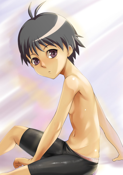 baanin, kikuchi makoto, idolmaster, idolmaster (classic), idolmaster 1, gender request, 00s, androgynous, antenna hair, bike shorts, breasts, flat chest, latex, panties, reverse trap, short hair, solo, topless female, underwear