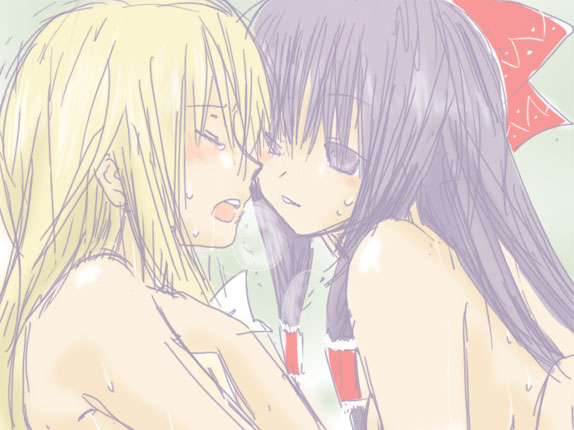 kasegi, hakurei reimu, kirisame marisa, touhou, bad id, bad pixiv id, 2girls, black hair, blonde hair, breath, face-to-face, female focus, multiple girls, nude, sweat, yuri