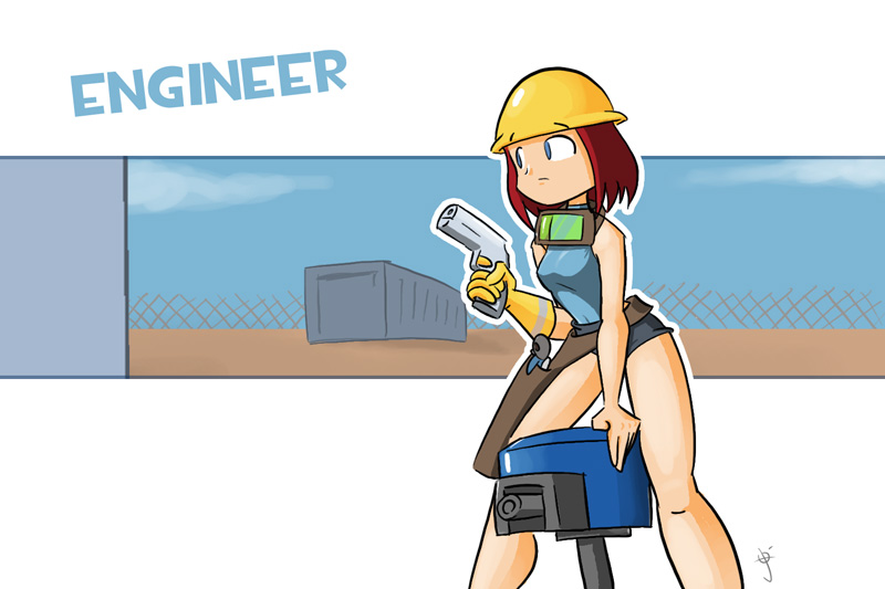 josue pereira, pyro, team fortress 2, tf2, engineer, genderswap, gloves, gun, helmet, pistol, red hair, sentry, short hair, shorts, sleeveless, sleeveless turtleneck, turtleneck, weapon