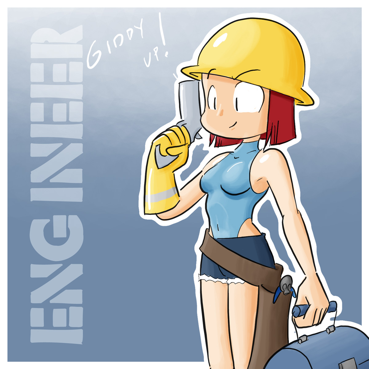 josue pereira, pyro, team fortress 2, tf2, highres, engineer, genderswap, gloves, gun, helmet, pistol, red hair, short hair, shorts, sleeveless, sleeveless turtleneck, swimsuit, turtleneck, weapon