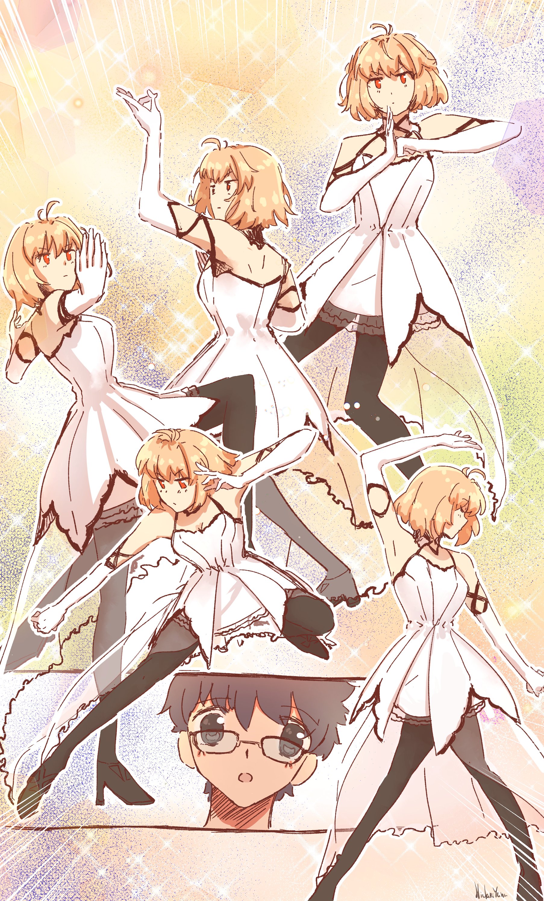 hidariyana, arcueid brunestud, tohno shiki, tsukihime, tsukihime (remake), absurdres, highres, 1boy, 1girl, ahoge, arm up, bare shoulders, black eyes, black hair, blonde hair, blush, breasts, cleavage, closed eyes, detached collar, detached sleeves, dress, elbow gloves, fighting stance, floating clothes, floating hair, glasses, gloves, hair between eyes, high heels, long dress, looking at another, official alternate costume, pantyhose, poses, red eyes, short hair, sleeveless, sleeveless dress, wavy hair, white dress, white gloves