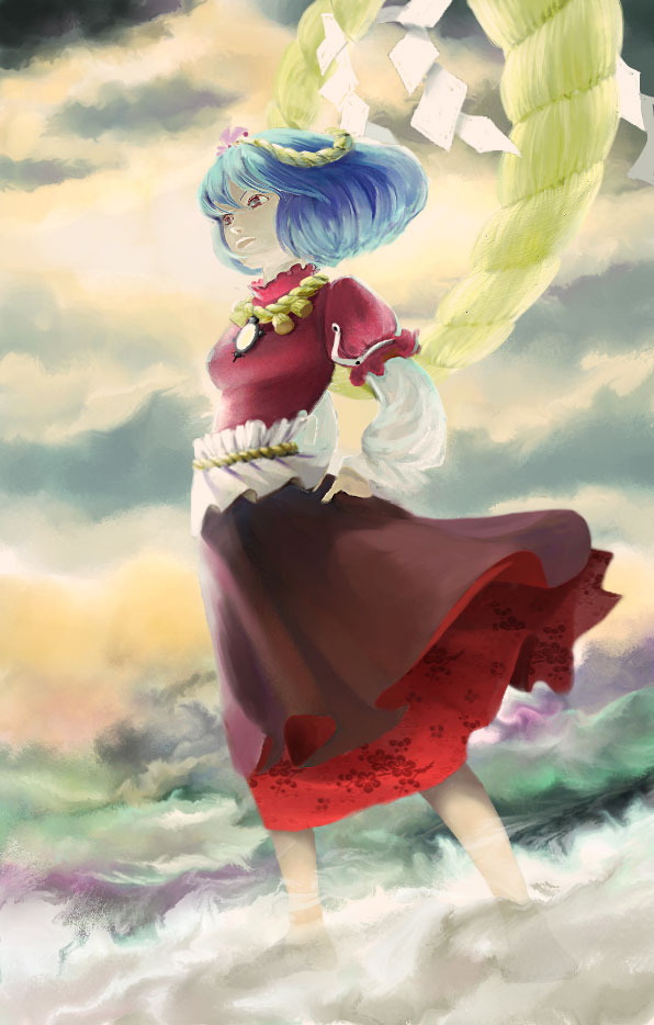 3105, 3105 (pixiv), yasaka kanako, touhou, 1girl, blue hair, female focus, rope, solo