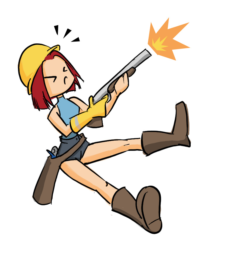 josue pereira, team fortress 2, tf2, boots, engineer, genderswap, gloves, gun, helmet, short hair, shotgun, sleeveless, sleeveless turtleneck, turtleneck, weapon