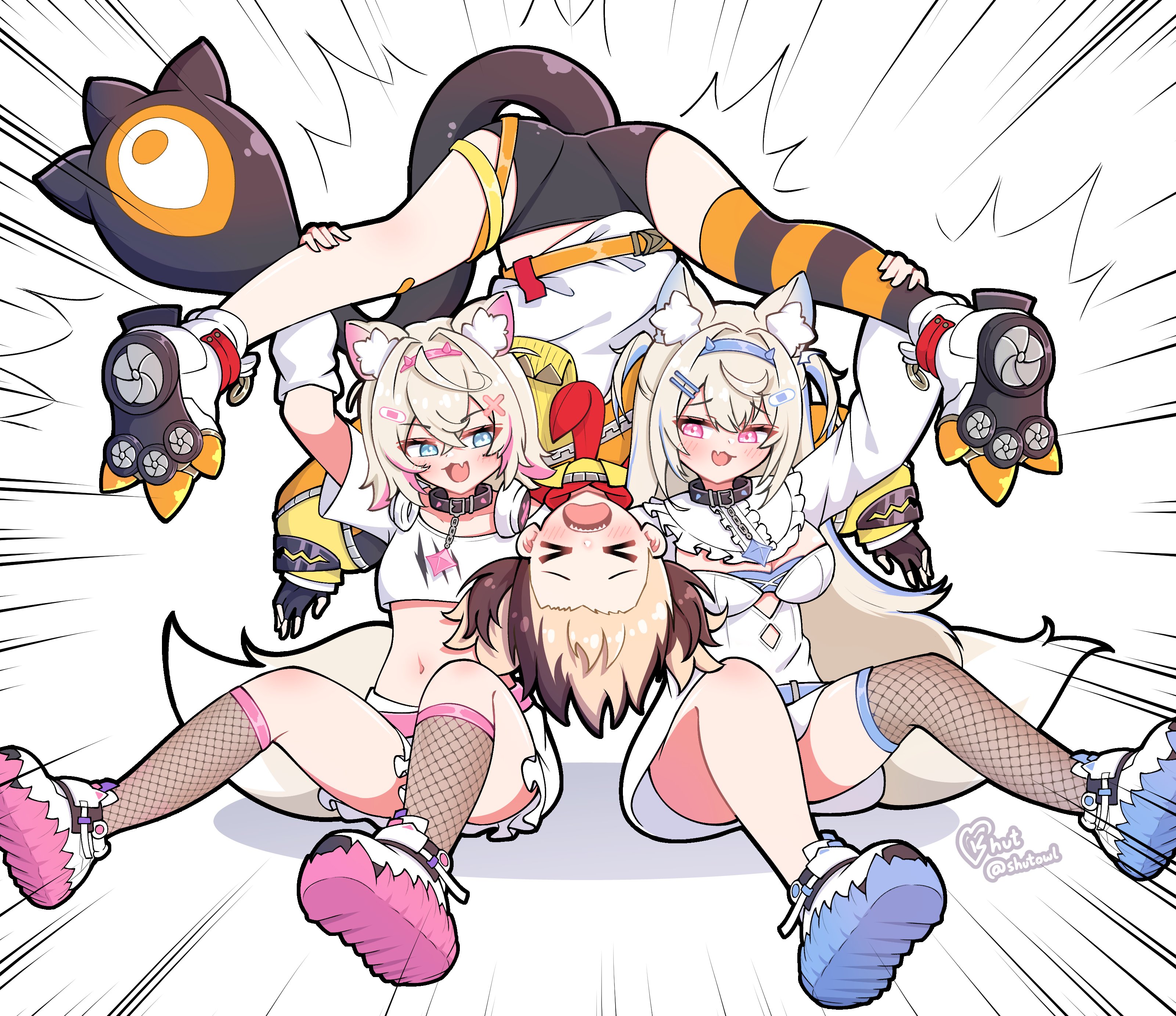 shutowl, fuwawa abyssgard, fuwawa abyssgard (1st costume), gigi murin, gigi murin (1st costume), mococo abyssgard, mococo abyssgard (1st costume), hololive, hololive english, absurdres, highres, > <, ahoge, animal ear fluff, animal ears, black shorts, blonde hair, blue eyes, blue hair, brown hair, dog ears, dog girl, dog tail, gloves, hair ornament, kinniku buster, leg grab, legs over head, long hair, multicolored hair, multiple girls, open mouth, pink eyes, pink hair, short hair, shorts, siblings, single thighhigh, sisters, streaked hair, tail, thighhighs, twins, two-tone hair, upside-down, virtual youtuber