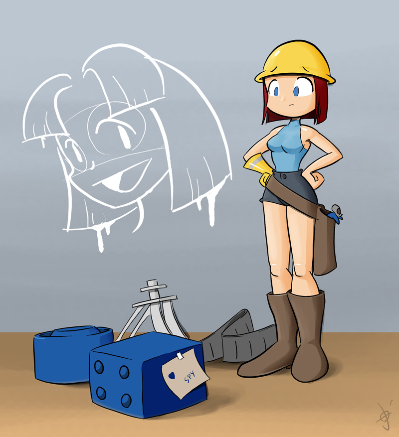 josue pereira, pyro, team fortress 2, tf2, boots, engineer, genderswap, gloves, helmet, sentry, short hair, shorts, sleeveless, sleeveless turtleneck, spy, turtleneck