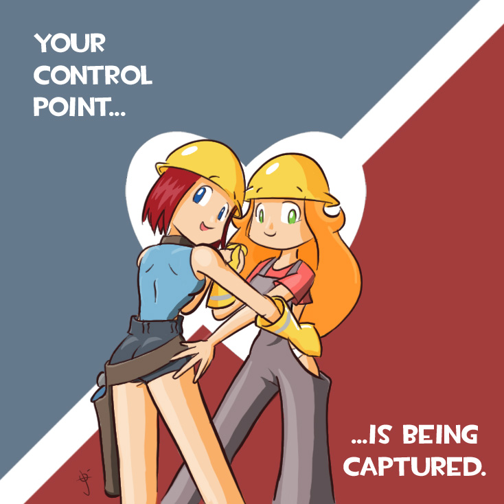 josue pereira, team fortress 2, tf2, engineer, genderswap, gloves, helmet, long hair, overalls, panties, red hair, short hair, shorts, sleeveless, sleeveless turtleneck, turtleneck, underwear, yuri