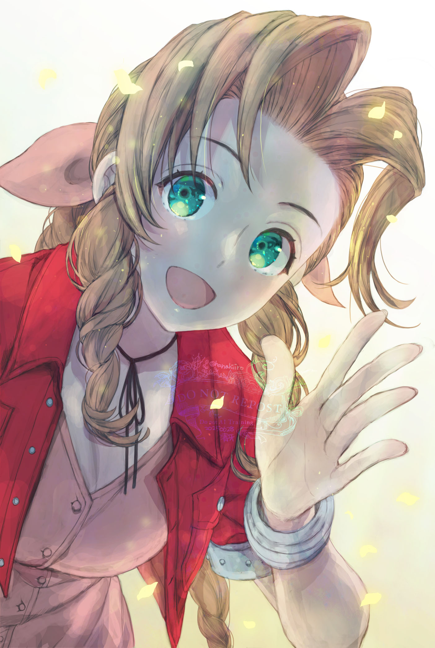 39cva, aerith gainsborough, final fantasy, final fantasy vii, highres, 1girl, bangle, bracelet, braid, braided ponytail, breasts, brown hair, choker, cleavage, cropped jacket, dress, falling petals, green eyes, hair ribbon, jacket, jewelry, light blush, long hair, looking at viewer, medium breasts, open mouth, parted bangs, petals, pink dress, pink ribbon, red jacket, ribbon, ribbon choker, short sleeves, sidelocks, single braid, smile, solo, upper body, waving, yellow petals